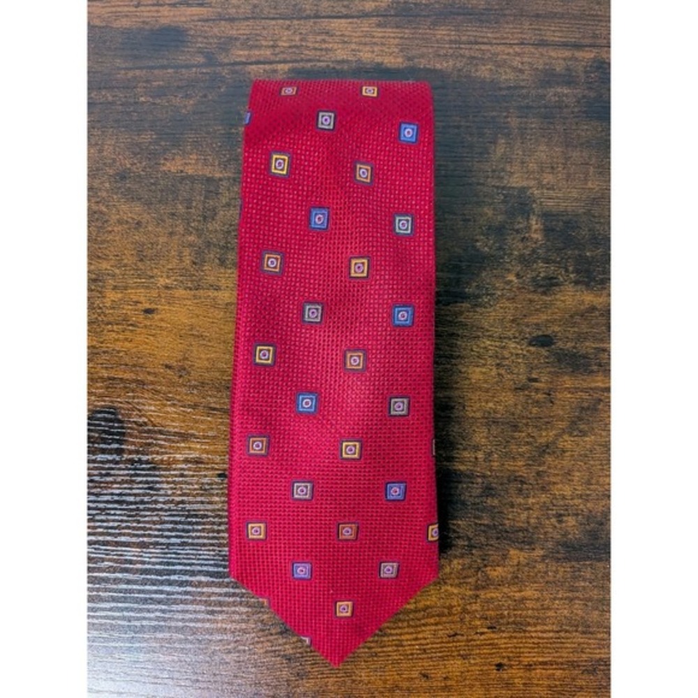 Vintage JZ Richards Silk Tie 60" Red Multicolor Squares Abstract  Geometric  USA